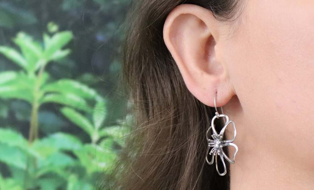 Sterling Silver Cubic Zirconia Flower Earrings Dangle Drop Israel 1 3/4" X 1 1/8 - Picture 2 of 7